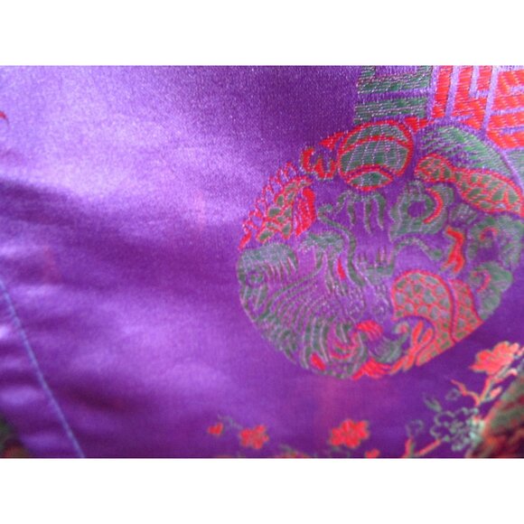 Asian Inspired Tie Front Kimono Robe Purple Red Green Brocade Damask Damage L XL - Picture 9 of 16